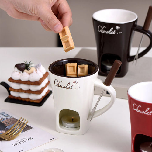 Taza para fondue de chocolate de cerámica con tenedor