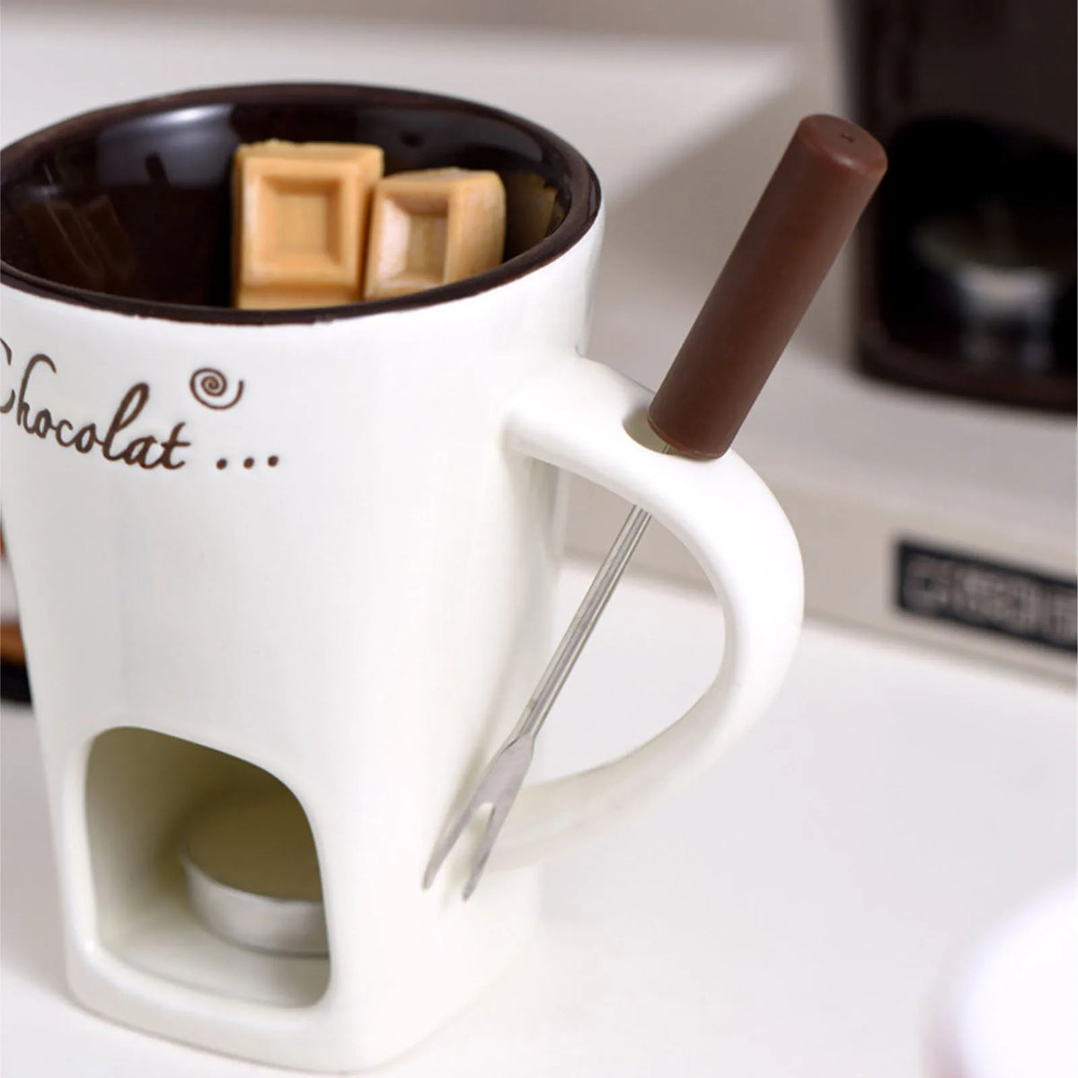 Taza de cerámica para fondue de chocolate con base para vela de té